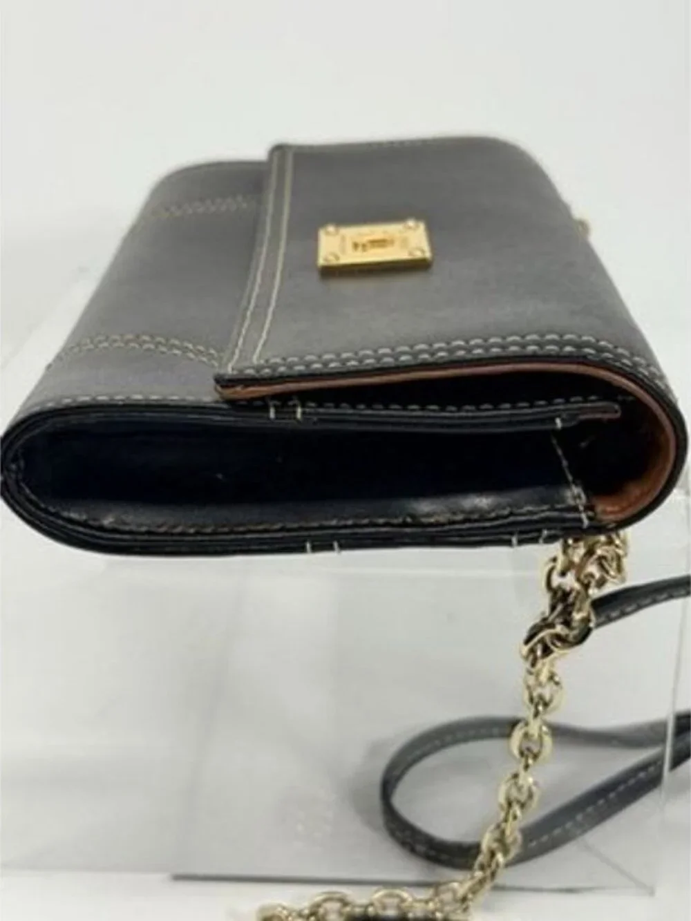 LAUREN RALPH LAUREN Clutch/Crossbody/Wallet- Black Leather CHAIN BAG Gold